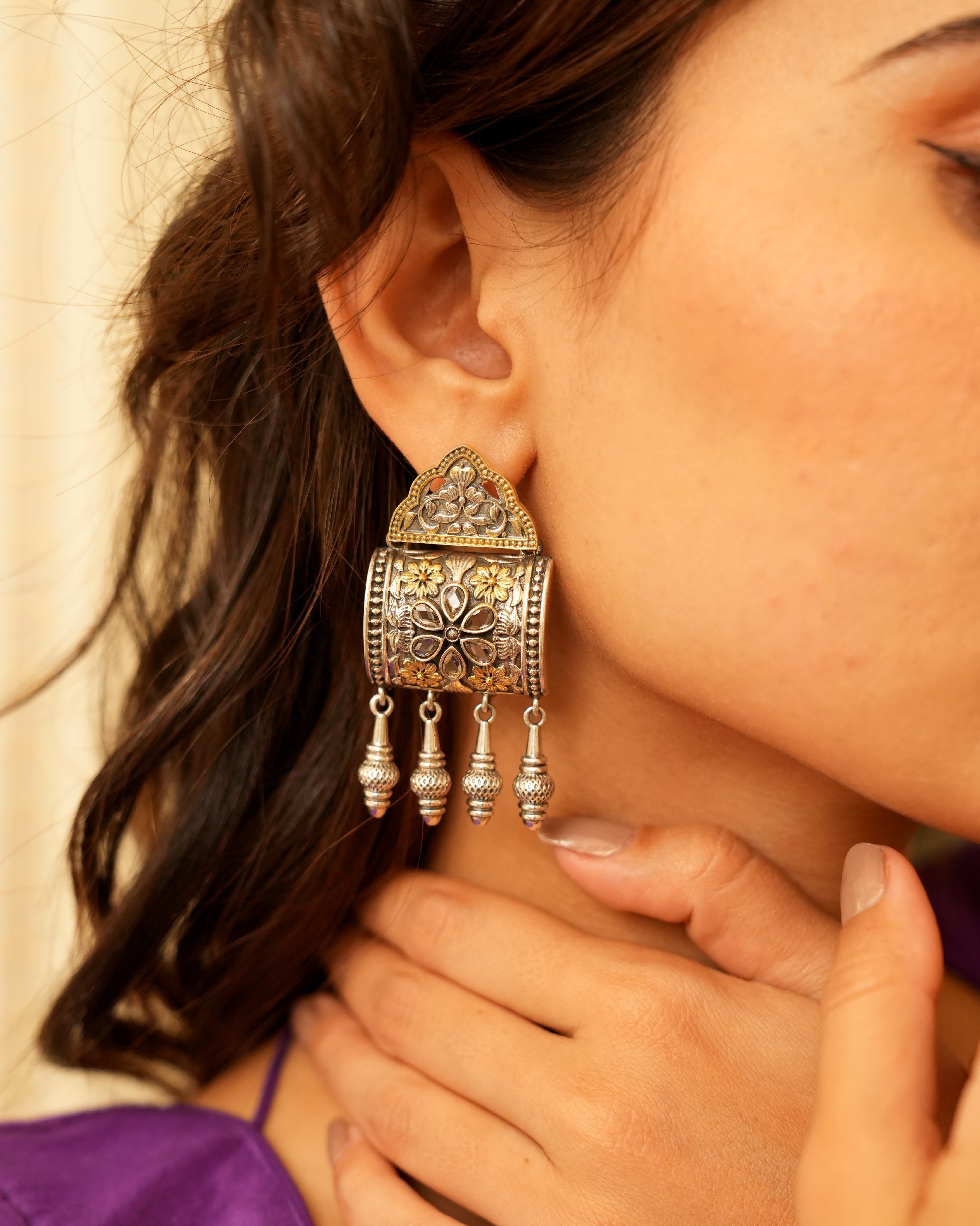 Elegant Dual-Tone Oxidised Silver Earrings with Unique Hangings